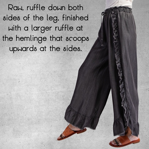 EASEL Raw Ruffle Trim Lightweight Pants Elastic & Drawstring Waist & Scooped Hem - Picture 3 of 16